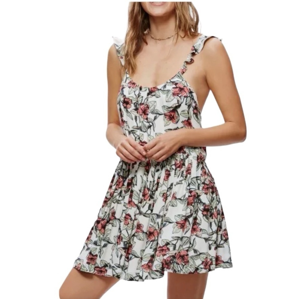 FREE PEOPLE Dear You Fun Floral fit-and-flare ruffle straps open back Mini
Dress